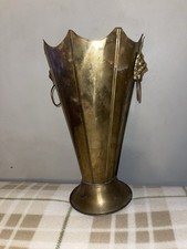 Antique Hammered Brass Umbrella Stand with Lion Head Ring Handles and Paw Feet
