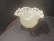 Fenton Custard Satin Glass Open Lace Edge Basket Weave Bowl, 5 inches — listing 4