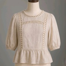 puff sleeve blouse Cream Cotton Puff Sleeve Babydoll Blouse with Lace Trim — listing 5