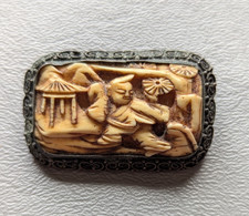 Carved Bone Medallion Brooch with Turquoise Cabochon, 3 inch — listing 2