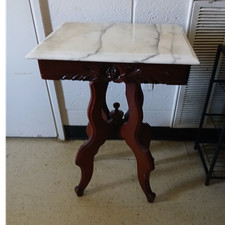 Antique Victorian Eastlake Marble-Top Parlor / Side Table with Turned Center Finial — listing 6