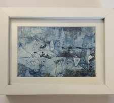 Original Abstract Monotype on Deckle-Edge Paper, Blue Composition