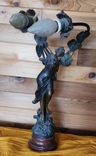 Antique Figural Spelter Table Lamp with Seated Classical Maiden and Frilled Glass Shades — listing 3