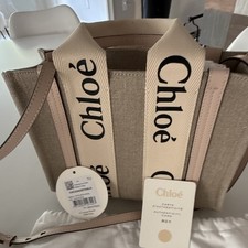 Chloé Woody Medium Tote Bag White Brown Linen Leather — listing 6