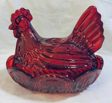 Ruby Red Pressed Glass Hen on Nest Covered Dish with Beaded Rim — listing 2