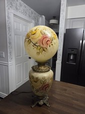 Pair of Vintage 1971 Gone with the Wind Style Hurricane Table Lamps with Floral Painted Glass — listing 4