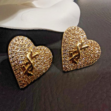 YSL Vintage Gold-Tone Navy Enamel Logo Clip-On Earrings — listing 3