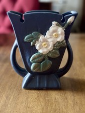 Roseville Pottery White Rose Two-Handled Pillow Vase, Green/Blue