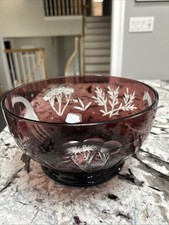 Vintage Cut Crystal 8" Bowl with Engraved Floral Star Pattern and Sawtooth Rim