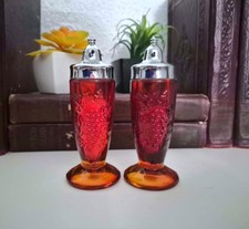 Vintage Amberina/Cadmium Red Pressed Glass Footed Salt Cellar / Master Salt Dip with Sawtooth Rim and Starburst Pattern