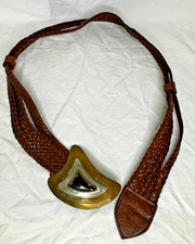 Vintage Chico's Braided Black Leather Belt with Large Hammered Brass Oval Buckle — listing 5