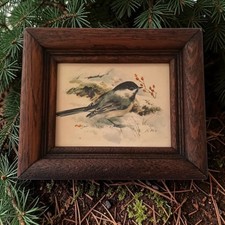 Framed Black-Capped Chickadee Print, Signed Jade, in Rustic Barnwood Frame — listing 3