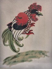 Chinese Ink and Color Painting on Paper — Rooster, Bird, Bamboo & Banana Leaf, Framed — listing 4