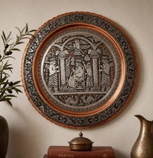 Large Antique Persian Hand-Chased Tinned Copper Charger with Figural Court Scenes — listing 4