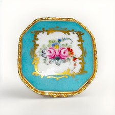 Vintage Hand-Painted Porcelain Footed Trinket / Powder Box with Metal-Mounted Hinged Lid, Courting Scene Portrait — listing 2