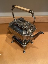 Pair of Silver Plate Tilting Tea/Coffee Kettles on Warming Stands with Rococo Scrollwork — listing 5