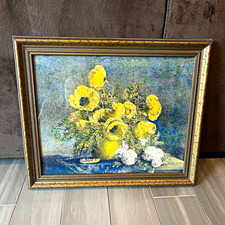 Large Framed Still Life Print of Peonies with Blue Cloisonné Vases