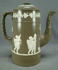 Antique Brown Jasperware Coffee Pot with White Classical Relief Figures and Grapevine Border — listing 3
