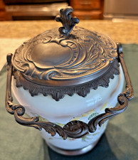 Antique Victorian Textured Glass Biscuit Barrel with Applied Green Glass Flowers and Silver-Plate Lid & Bail Handle — listing 3