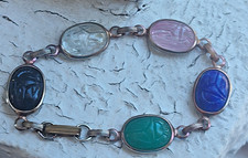 Vintage Scarab Bracelet with 8 Carved Multi-Gemstone Cabochons (Tiger's Eye, Carnelian, Green Chalcedony, Banded Agate, Unakite, Rhodonite), Gold-Filled Links — listing 2