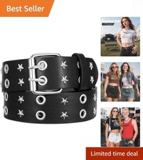 Set of 2 Studded Grommet Belts - Pink Double-Prong & Black Eyelet — listing 6