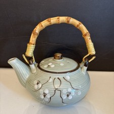 Vintage Japanese Celadon Green Teapot with Hand-Painted Cherry Blossom / Plum Blossom Design — listing 2