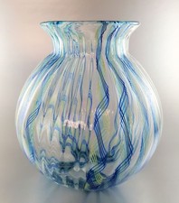 Murano Style Latticino Striped Art Glass Vase Green Blue White — listing 4