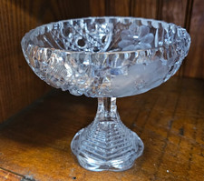 Ceramic Footed Compote Bowl with Blue Scalloped Rim and Hand-Painted Floral Motif — listing 5