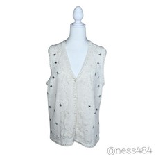 Claudia D. Vintage Beaded Cream Knit Sweater Vest, Size L