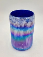Hand-Blown Art Glass Tumbler with Turquoise & Amber Bands and Controlled Bubbles — listing 5