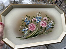 Nashco Hand-Painted Tole Metal Tray with Pierced Rim, Blue Floral Design — listing 5