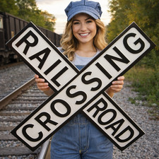 Vintage Round Railroad Crossing (RXR) Highway Warning Sign, Yellow & Black Steel