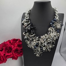 Peach Floral Cluster Bib Statement Necklace with Rhinestones — listing 2