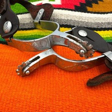 Vintage Hand-Engraved Western Riding Spurs with Silver Overlay Bands and Rowels Yes - there is a stamped name — listing 3
