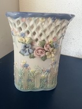 Handmade White Porcelain Round Vase with Sculptural Applied Flowers, Artist-Signed — listing 6