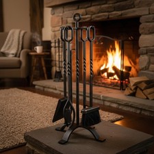 Vintage Cast Iron & Brass Fireplace Tool Set with Flame Finials on Stand — listing 2
