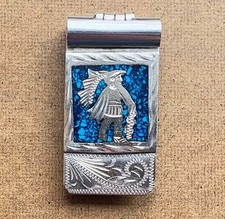 Vintage Mexican Alpaca Silver Money Clip with Crushed Turquoise Inlay Sun Face — listing 6