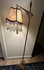 Antique Cast Metal Bridge Arm Floor Lamp with Victorian Fringed Silk Shade, 5 ft Tall — listing 2
