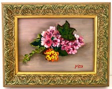 Original Still Life Oil Painting of Pink Flowers in Blue & White Chinoiserie Vase, Gold Frame, listing 5