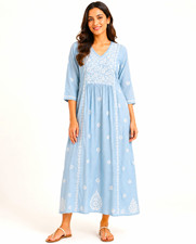 Dolma Cotton Linen Block-Print Dress, Blue Floral Medallion Pattern, Size S — listing 4
