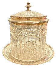 Antique Cut Crystal & Silver-Plate Hinged Lidded Sugar Casket / Biscuit Box with Swing Handle