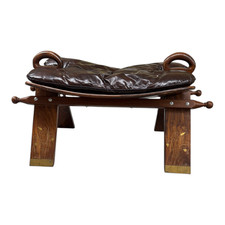 Vintage Egyptian Camel Saddle Footstool with Upholstered Cushion and Studded Wood Frame — listing 4