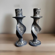 Pair of Hand-Carved Kisii Soapstone Twisted Candlesticks with Incised Spiral Line Decoration