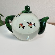 Art Glass Teapot-Shaped Aquarium Paperweight with Lampwork Fish and Millefiori — listing 4
