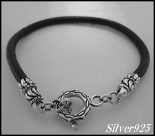 Sterling Silver 925 Black Leather Cuff Bracelet with Openwork Filigree ID Bar, 1/2" Wide — listing 4