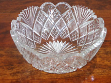 Vintage Cut Glass Serving Bowl with Silver-Plated Rim, Diamond & Fan Pattern, 9in — listing 5
