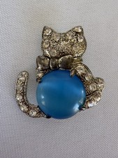 Vintage Figural Dancing Cat Brooch with Green Enamel Skirt and Rhinestone Accents — listing 3
