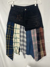 Upcycled Denim & Plaid Patchwork Asymmetrical Mini Skirt — listing 3