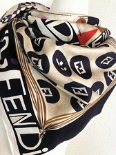 Fendi Zucca FF Monogram Silk Scarf, Gold and Brown with Satin Border, listing 5