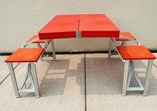 Vintage Folding Camping Picnic Table with Attached Benches, Tubular Aluminum Frame & Laminate Top — listing 5